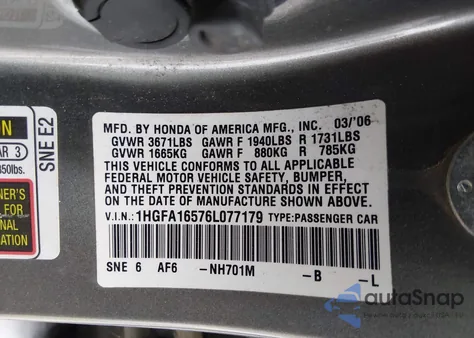 2006 Honda Civic Lx из США, поврежденный, VIN 1HGFA16576L077179